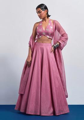 Dusty Pink Embroidered Silk Blend Lehenga Set