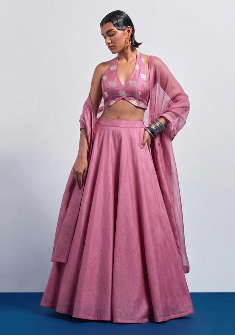 Dusty Pink Embroidered Silk Lehenga Set