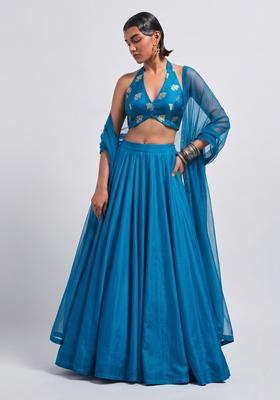 Teal Blue Embroidered Silk Blend Lehenga Set