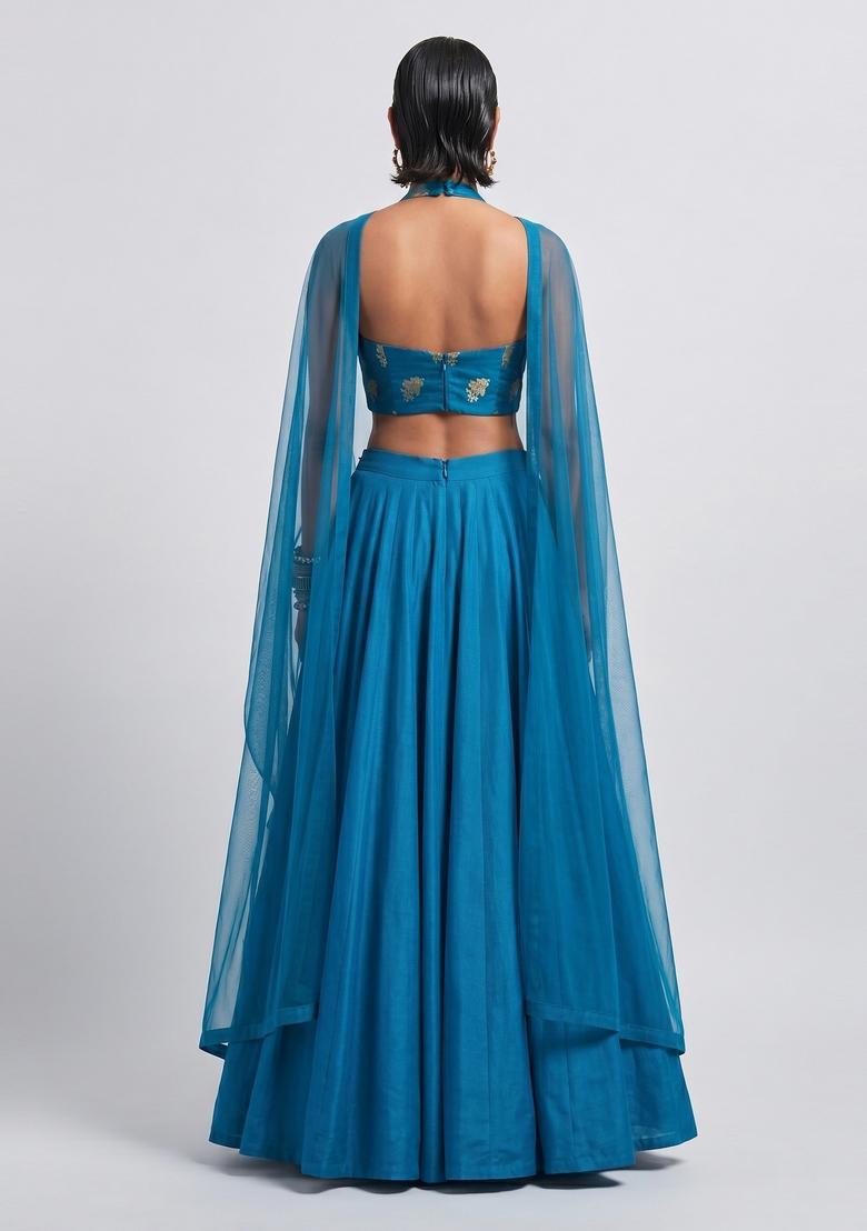 Teal Blue Embroidered Silk Blend Lehenga Set - Indya