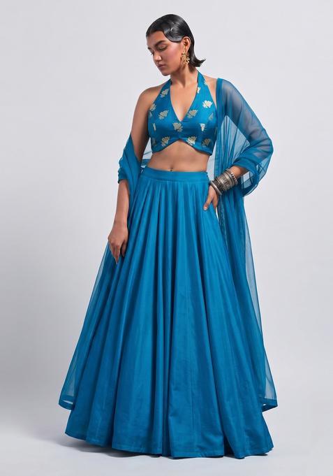 Teal Blue Embroidered Silk Lehenga Set