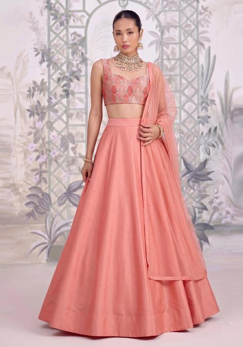 Peach Embroidered Silk Lehenga Set
