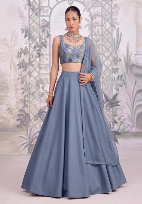 Grey Embroidered Silk Lehenga Set