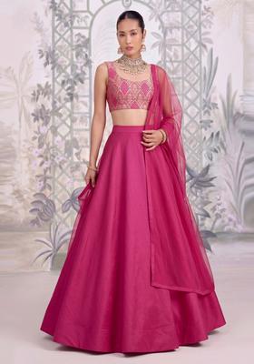 Pink Embroidered Silk Blend Lehenga Set