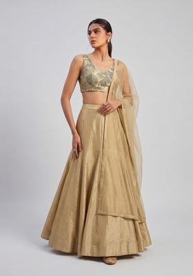 Metallic Gold Embroidered Tissue Lehenga Set