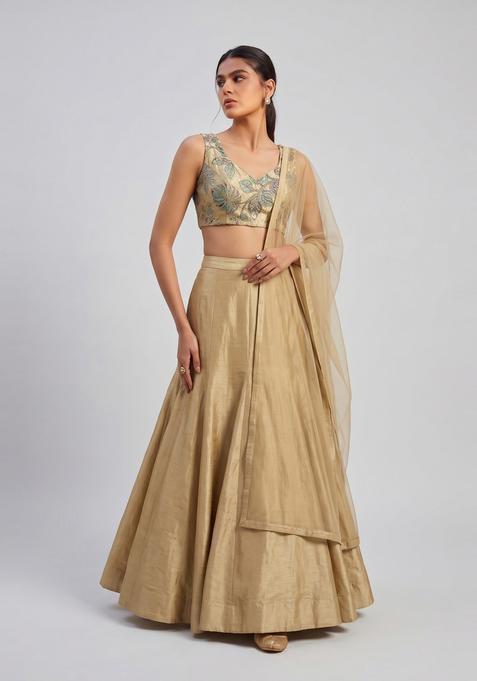 Metallic Gold Embroidered Tissue Lehenga Set