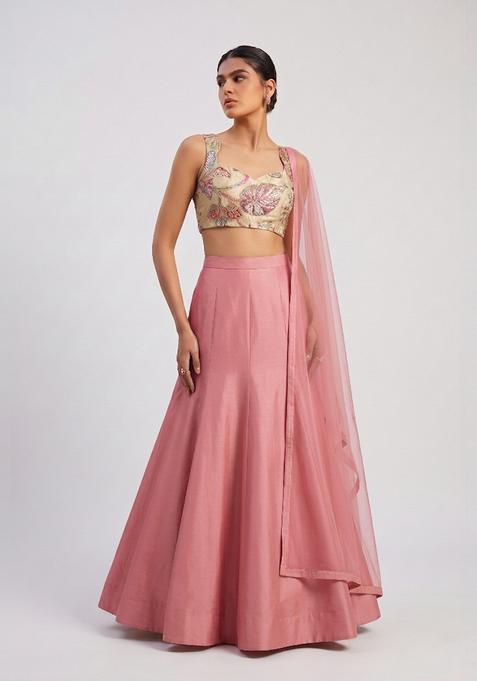 Beige Embroidered Tissue Lehenga Set