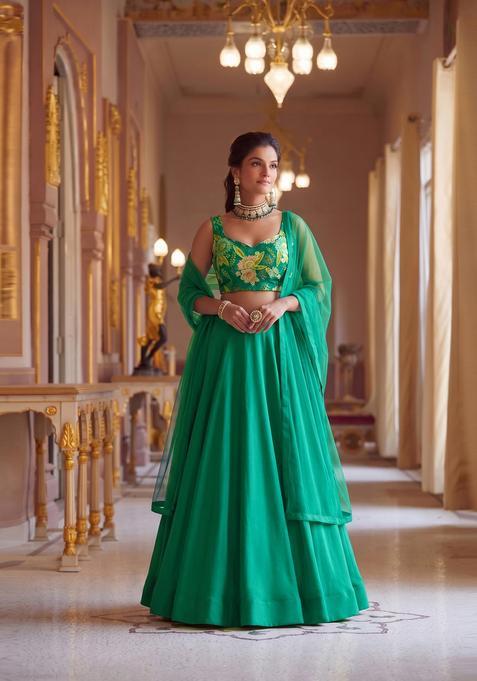 Teal Embroidered Organza Lehenga Set
