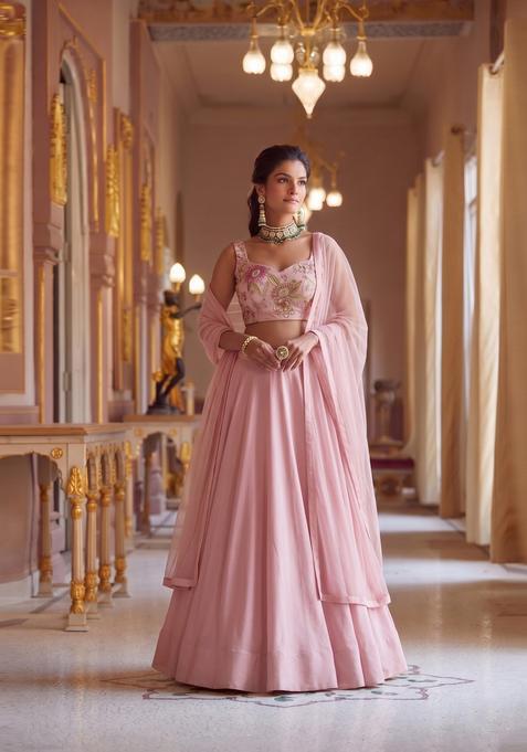 Pastel Pink Embroidered Organza Lehenga Set