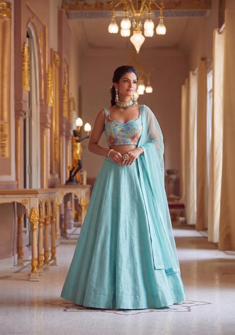 Mint Embroidered Organza Lehenga Set