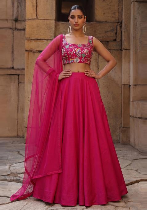 Pink Printed Crepe Lehenga Set