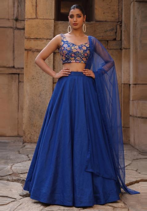 Royal Blue Printed Crepe Lehenga Set