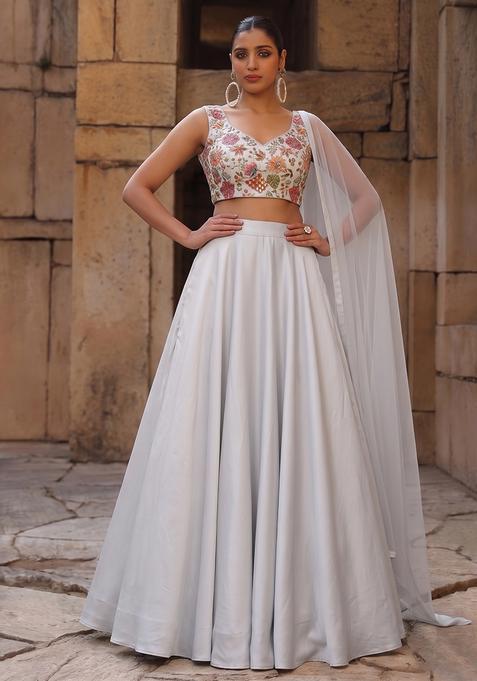 Silver Grey Printed Crepe Lehenga Set