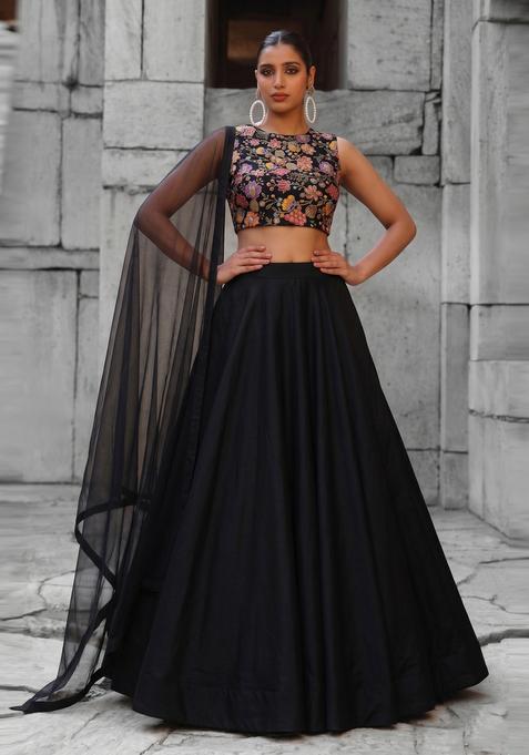 Jet Black Printed Crepe Lehenga Set