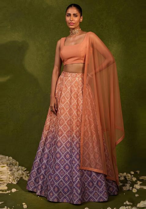 Multicolor Printed Silk Lehenga Set