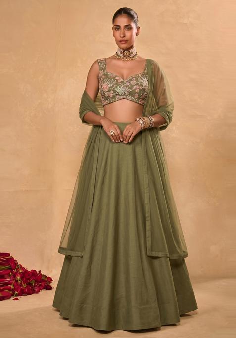Olive Green Embroidered Crepe Lehenga Set
