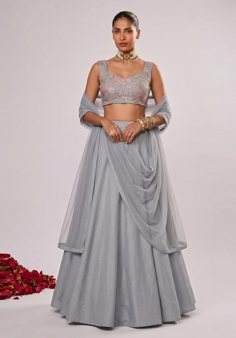 Dove Grey Embroidered Crepe Lehenga Set