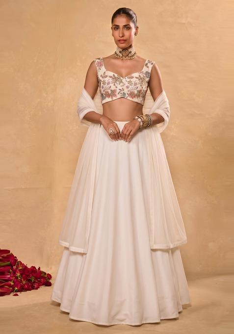 Off White Embroidered Crepe Lehenga Set