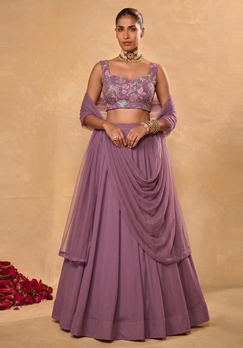 Mauve Embroidered Crepe Lehenga Set