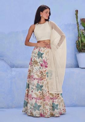 Off White Printed Silk Blend Lehenga Set