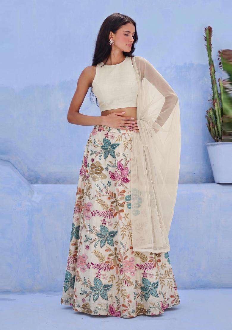 Off White Printed Silk Blend Lehenga Set - Indya