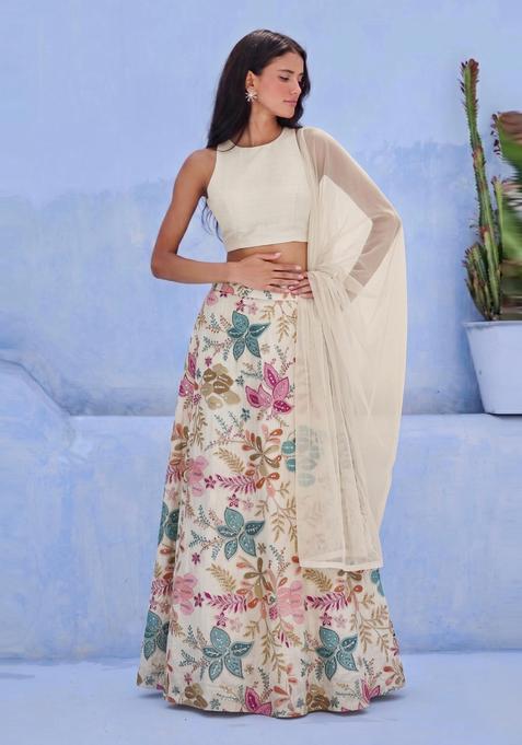 Off White Printed Silk Lehenga Set