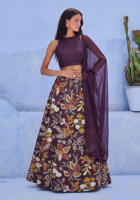 Deep Purple Printed Silk Lehenga Set