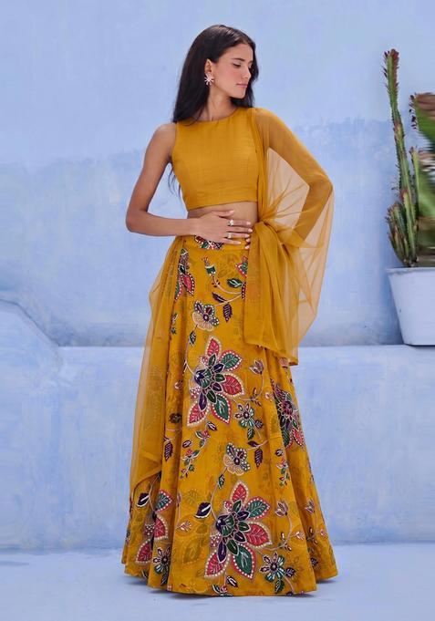 Orange Printed Organza Lehenga Set