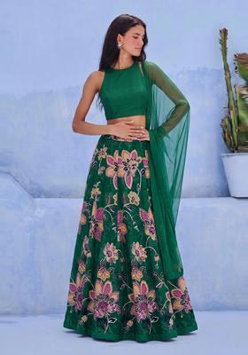 Emerald Green Printed Organza Lehenga Set