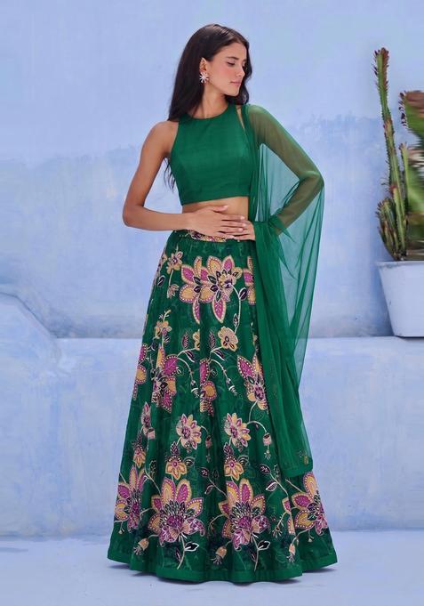 Emerald Green Printed Organza Lehenga Set