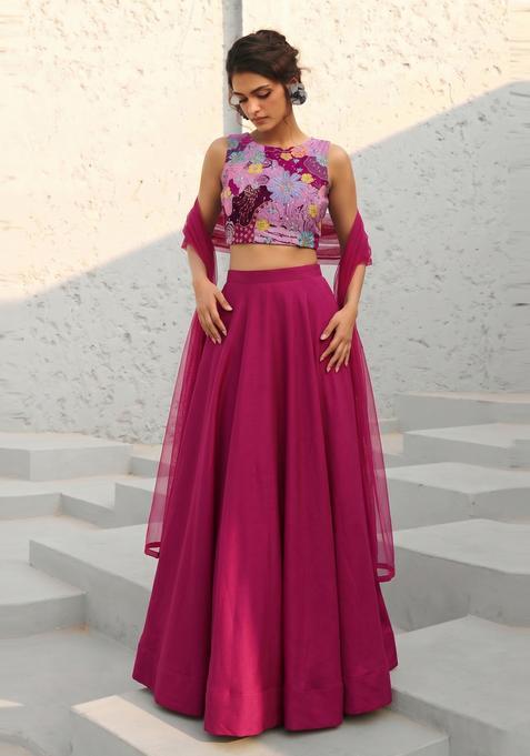 Magenta Printed Crepe Lehenga Set