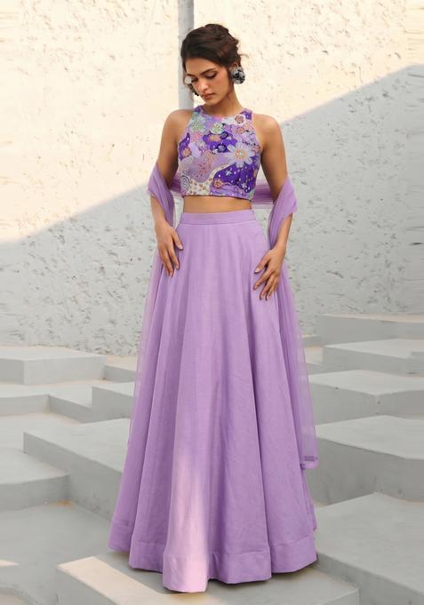 Lavender Printed Crepe Lehenga Set