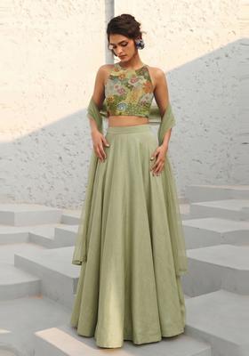 Olive Green Printed Crepe Lehenga Set