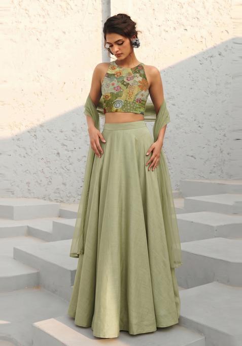 Olive Green Printed Crepe Lehenga Set