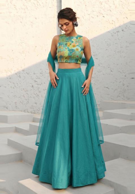 Teal Printed Crepe Lehenga Set