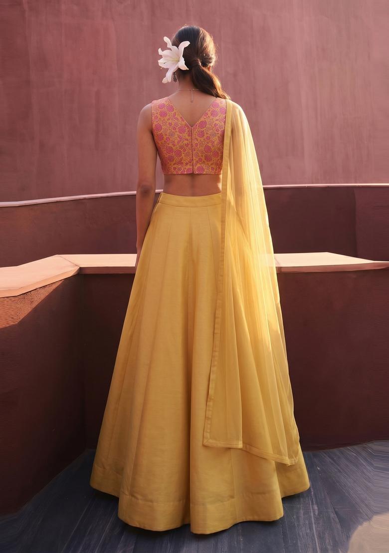 Mustard Yellow Printed Silk Blend Lehenga Set - Indya