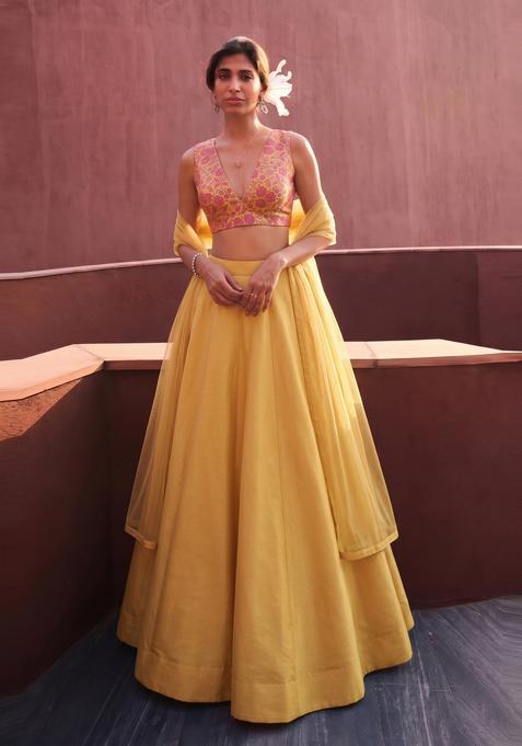 Mustard Yellow Printed Silk Lehenga Set