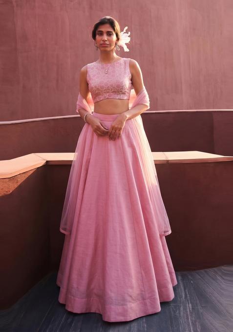 Pink Printed Silk Lehenga Set