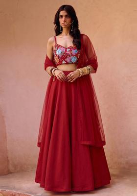 Crimson Red Printed Crepe Lehenga Set