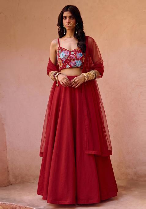 Crimson Red Printed Crepe Lehenga Set