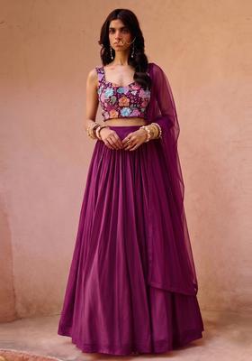 Deep Purple Printed Crepe Lehenga Set