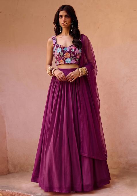 Deep Purple Printed Crepe Lehenga Set