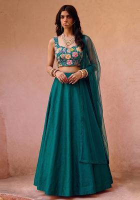 Emerald Green Printed Crepe Lehenga Set