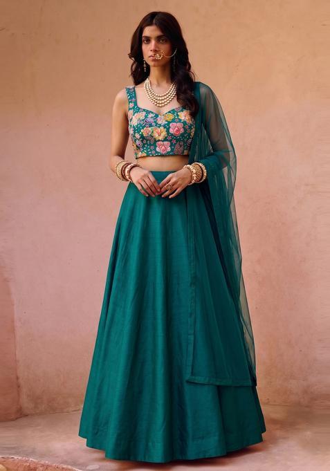 Emerald Green Printed Crepe Lehenga Set