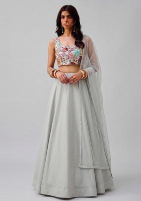 Light Grey Printed Crepe Lehenga Set