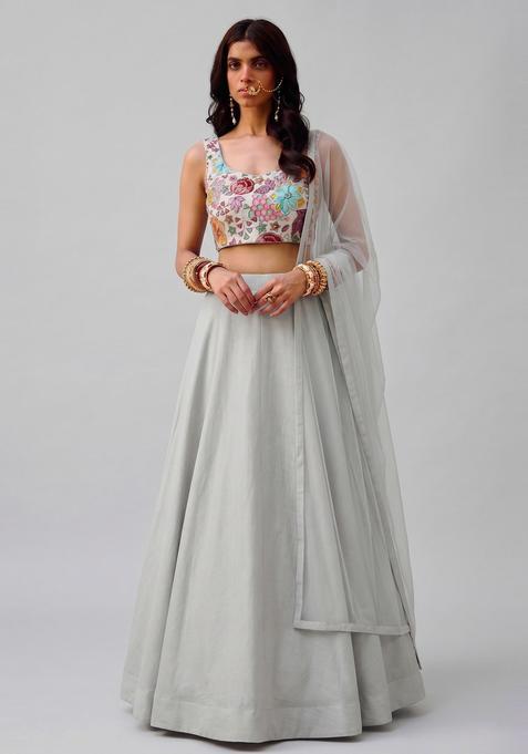 Light Grey Printed Crepe Lehenga Set