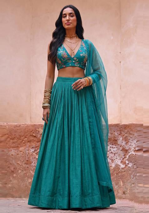Teal Green Embroidered Crepe Lehenga Set