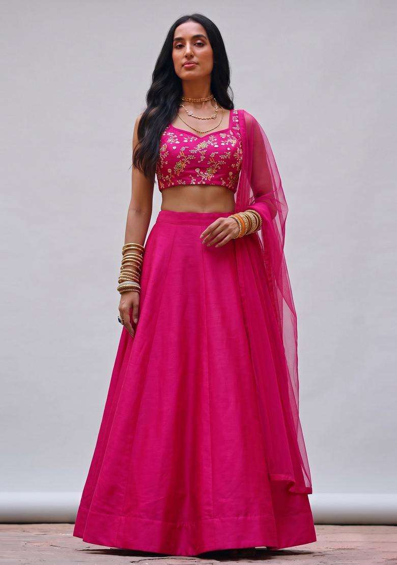 Pink Embroidered Crepe Lehenga Set - Indya