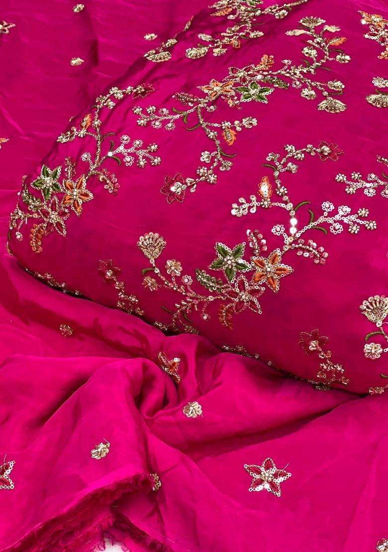 Pink Embroidered Crepe Lehenga Set - Indya