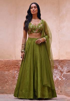 Olive Green Embroidered Crepe Lehenga Set